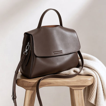 Genuine Top‑Grain Cowhide Satchel Bag Flap Leather Handbag Adjustable Crossbody Shoulder Bag for Women - zoraflux