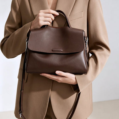 Genuine Top‑Grain Cowhide Satchel Bag Flap Leather Handbag Adjustable Crossbody Shoulder Bag for Women - zoraflux