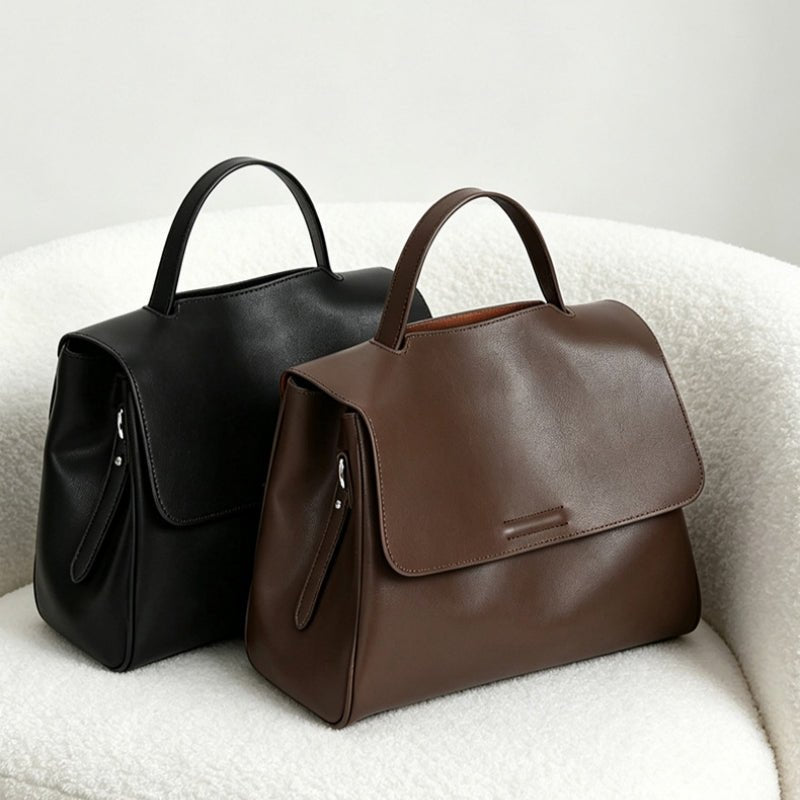 Genuine Top‑Grain Cowhide Satchel Bag Flap Leather Handbag Adjustable Crossbody Shoulder Bag for Women - zoraflux