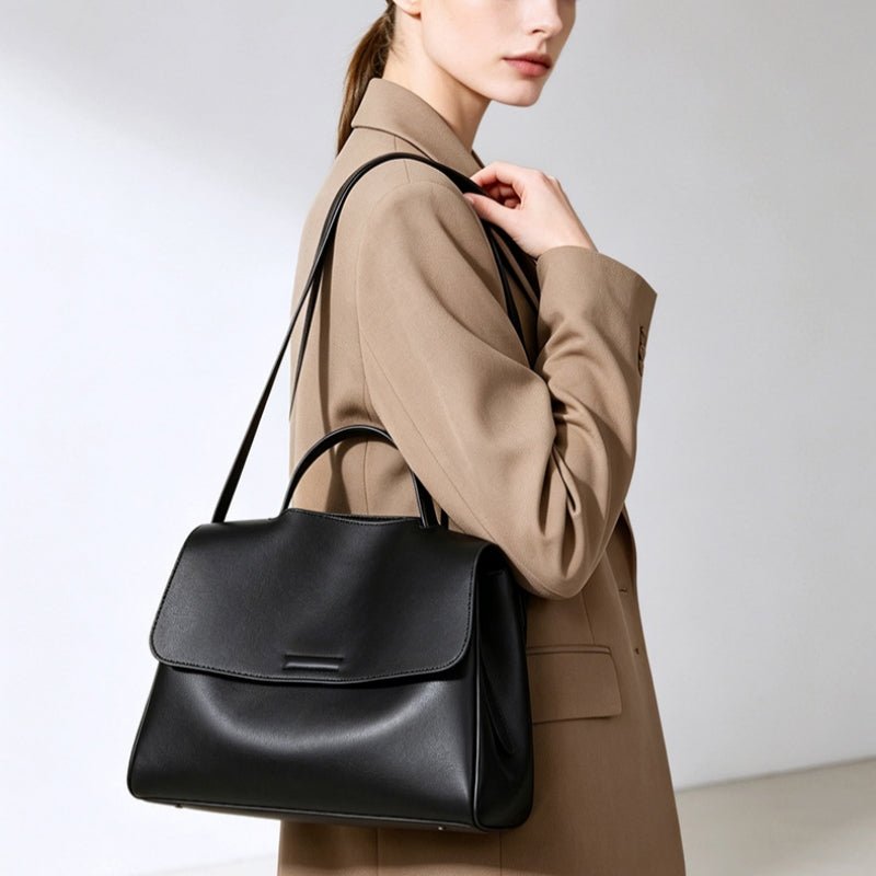 Genuine Top‑Grain Cowhide Satchel Bag Flap Leather Handbag Adjustable Crossbody Shoulder Bag for Women - zoraflux