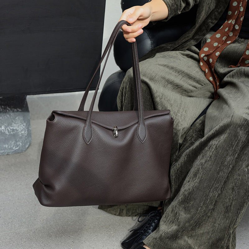 Genuine Top‑Grain Cowhide Tote Bag, Large Capacity Women Shoulder Handbag for Work Commute - zoraflux
