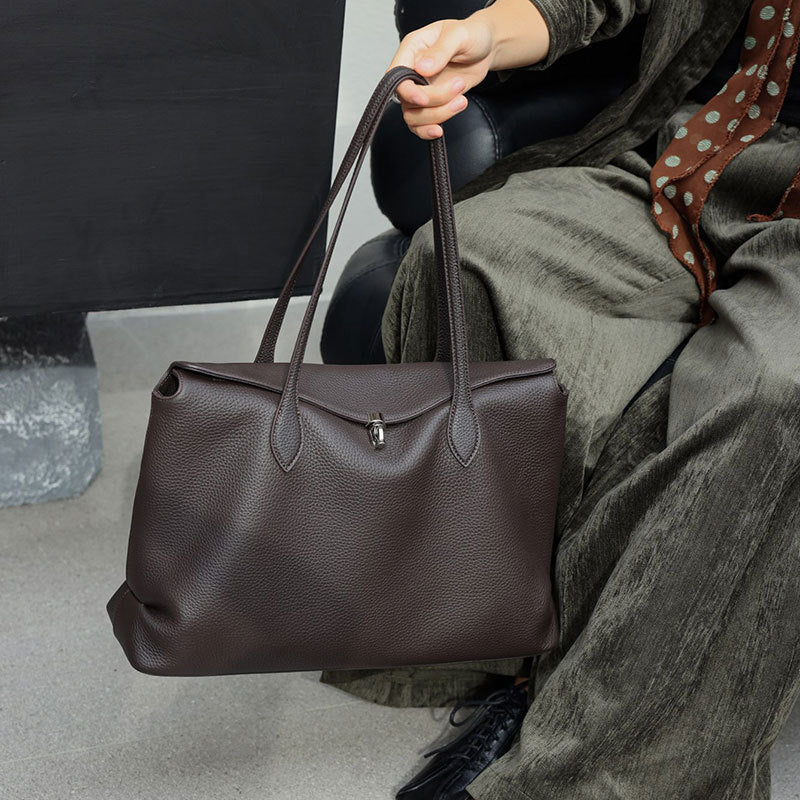 Genuine Top‑Grain Cowhide Tote Bag, Large Capacity Women Shoulder Handbag for Work Commute - zoraflux