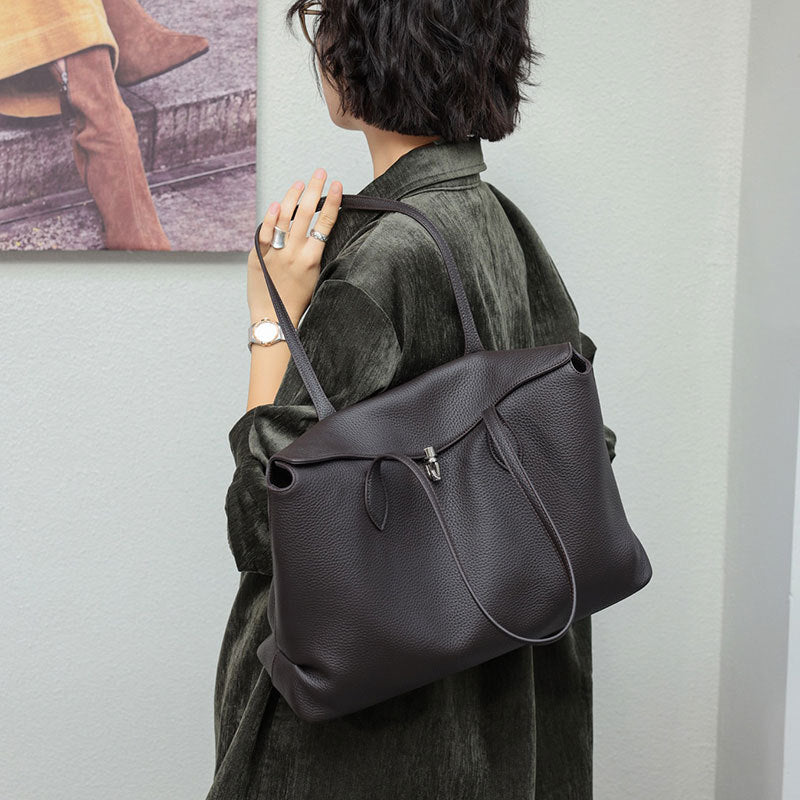 Genuine Top‑Grain Cowhide Tote Bag, Large Capacity Women Shoulder Handbag for Work Commute - zoraflux