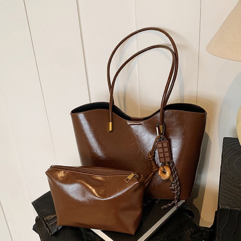 Leather tassel pendant commuter shoulder tote bag - zoraflux