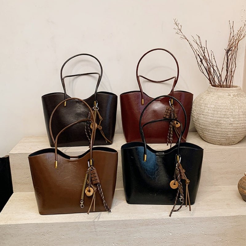 Leather tassel pendant commuter shoulder tote bag - zoraflux