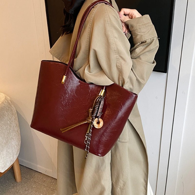 Leather tassel pendant commuter shoulder tote bag - zoraflux