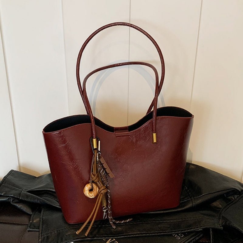 Leather tassel pendant commuter shoulder tote bag - zoraflux