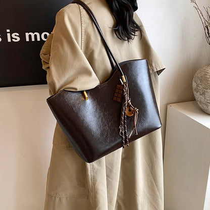 Leather tassel pendant commuter shoulder tote bag - zoraflux