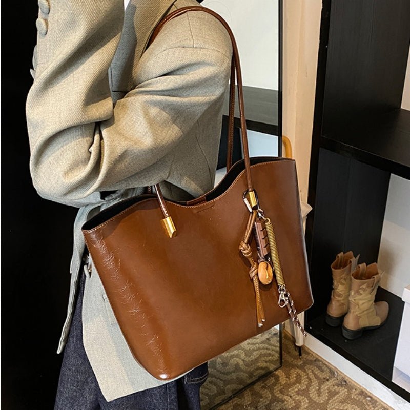 Leather tassel pendant commuter shoulder tote bag - zoraflux