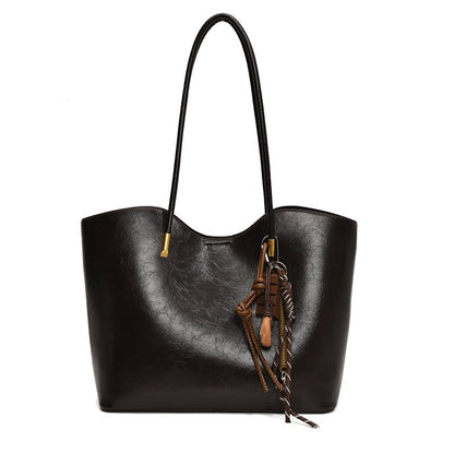 Leather tassel pendant commuter shoulder tote bag - zoraflux