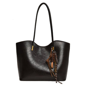 Leather tassel pendant commuter shoulder tote bag - zoraflux