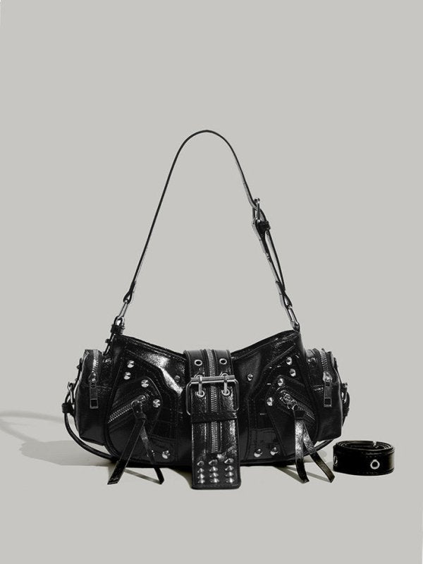 Motorbike punk studded belt bag, motorcycle style shoulder bag - zoraflux