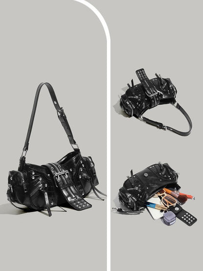 Motorbike punk studded belt bag, motorcycle style shoulder bag - zoraflux