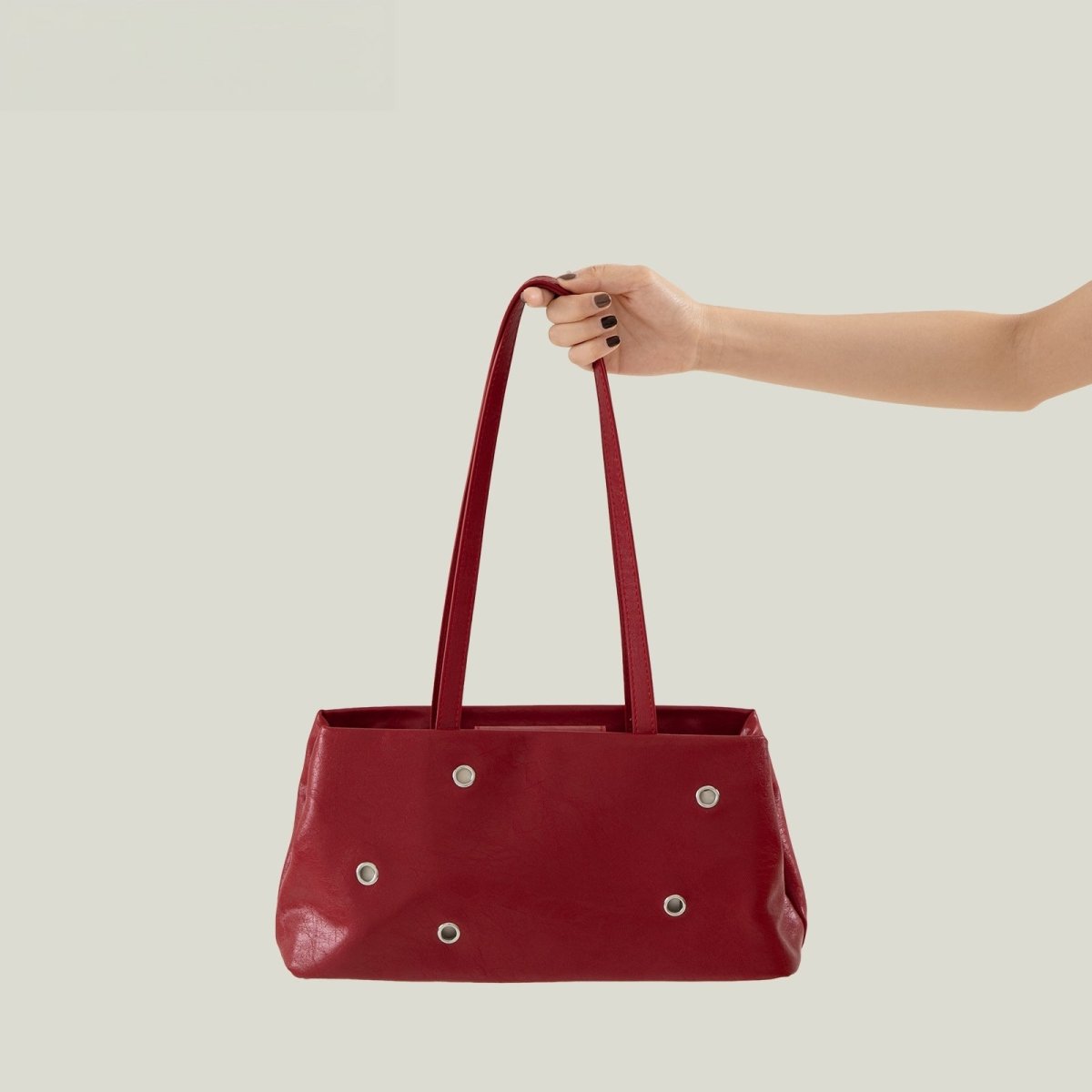 Retro Leather Shoulder Bag Rivet Detail Baguette Bag Magnetic Snap Handbag for Women Daily Work - zoraflux