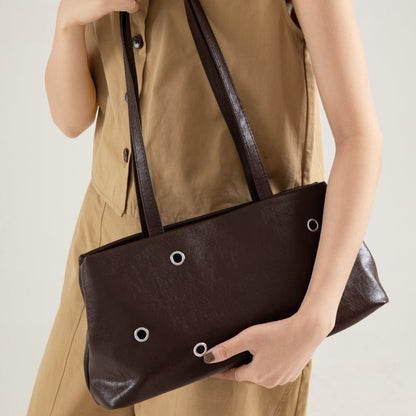 Retro Leather Shoulder Bag Rivet Detail Baguette Bag Magnetic Snap Handbag for Women Daily Work - zoraflux
