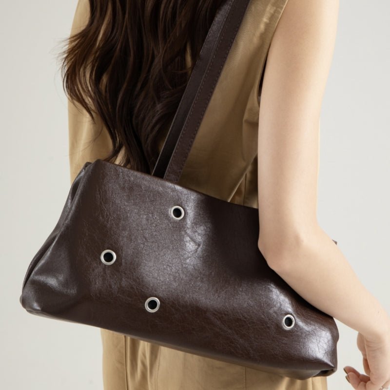 Retro Leather Shoulder Bag Rivet Detail Baguette Bag Magnetic Snap Handbag for Women Daily Work - zoraflux
