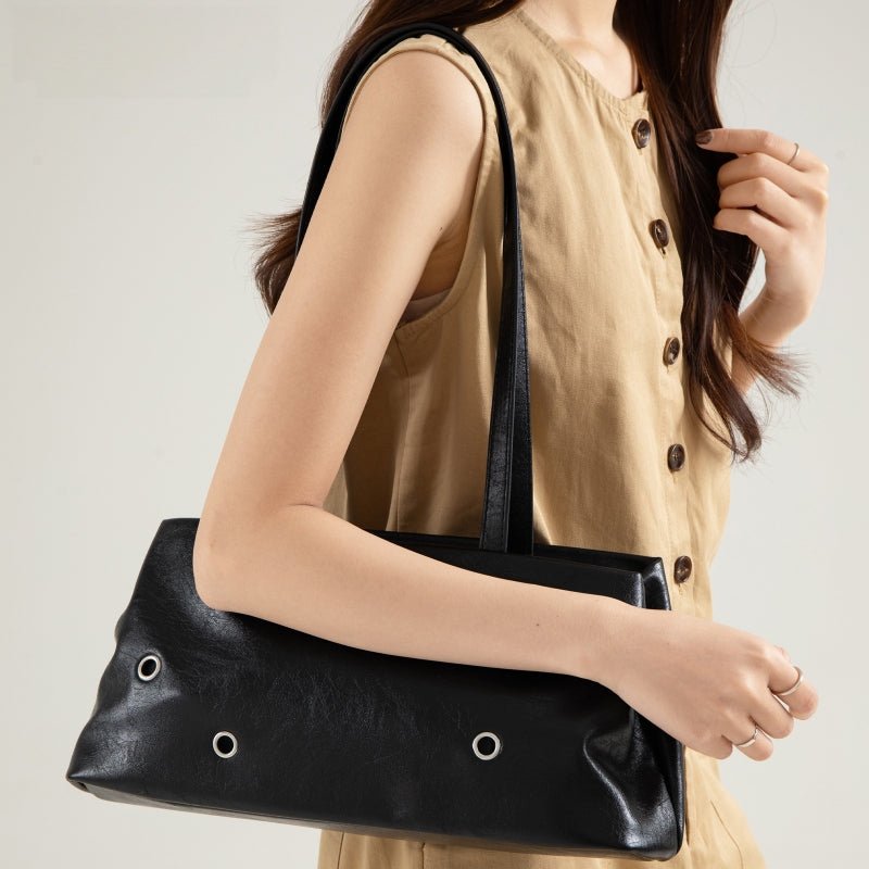 Retro Leather Shoulder Bag Rivet Detail Baguette Bag Magnetic Snap Handbag for Women Daily Work - zoraflux