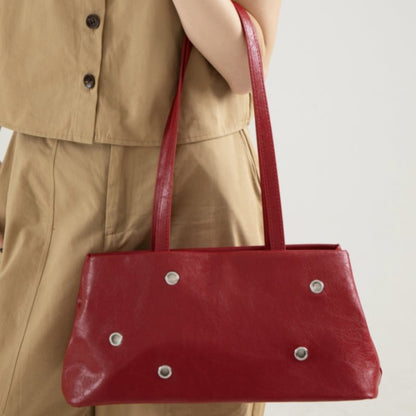 Retro Leather Shoulder Bag Rivet Detail Baguette Bag Magnetic Snap Handbag for Women Daily Work - zoraflux