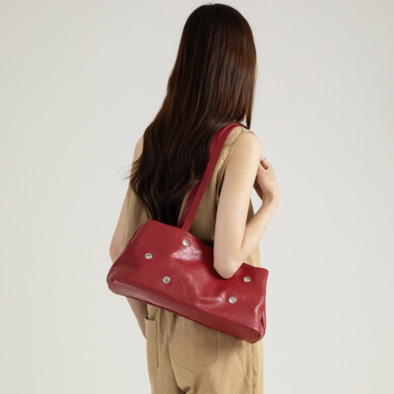 Retro Leather Shoulder Bag Rivet Detail Baguette Bag Magnetic Snap Handbag for Women Daily Work - zoraflux