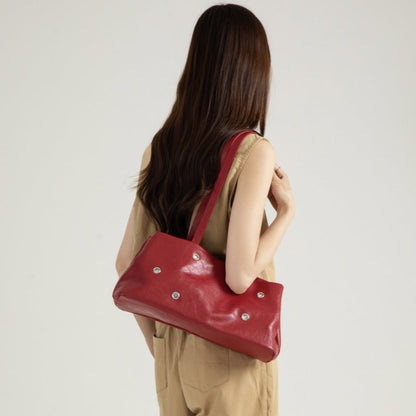 Retro Leather Shoulder Bag Rivet Detail Baguette Bag Magnetic Snap Handbag for Women Daily Work - zoraflux