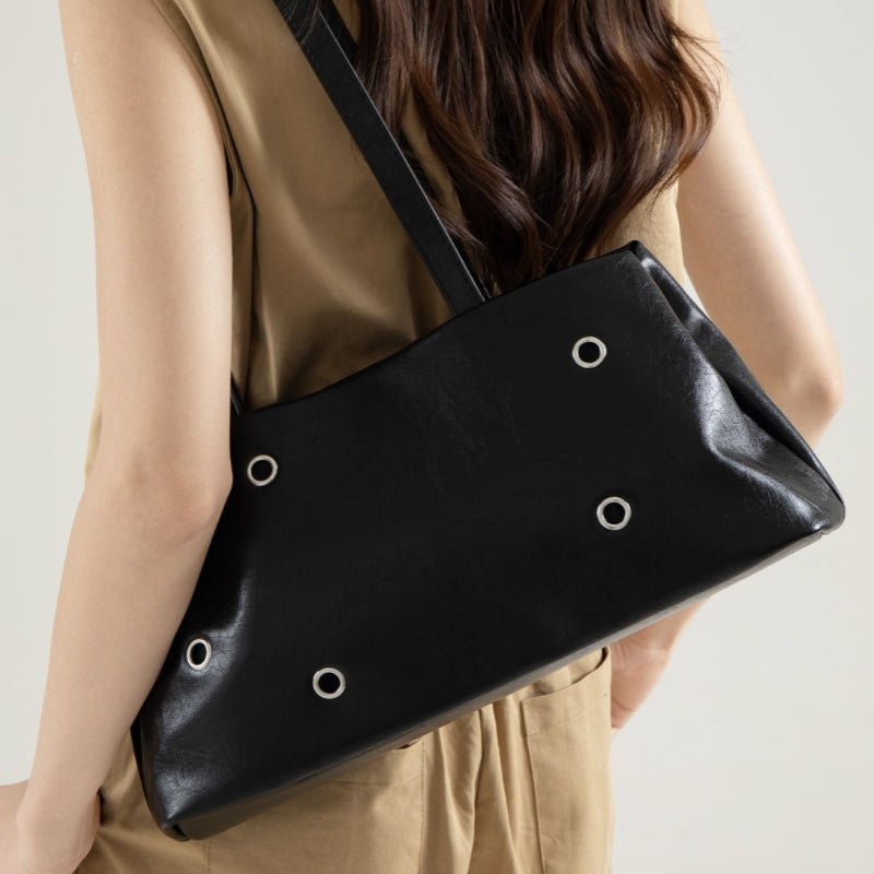 Retro Leather Shoulder Bag Rivet Detail Baguette Bag Magnetic Snap Handbag for Women Daily Work - zoraflux