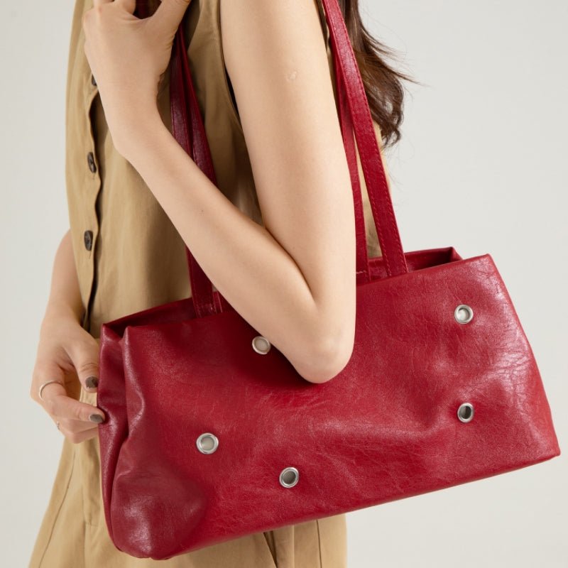 Retro Leather Shoulder Bag Rivet Detail Baguette Bag Magnetic Snap Handbag for Women Daily Work - zoraflux
