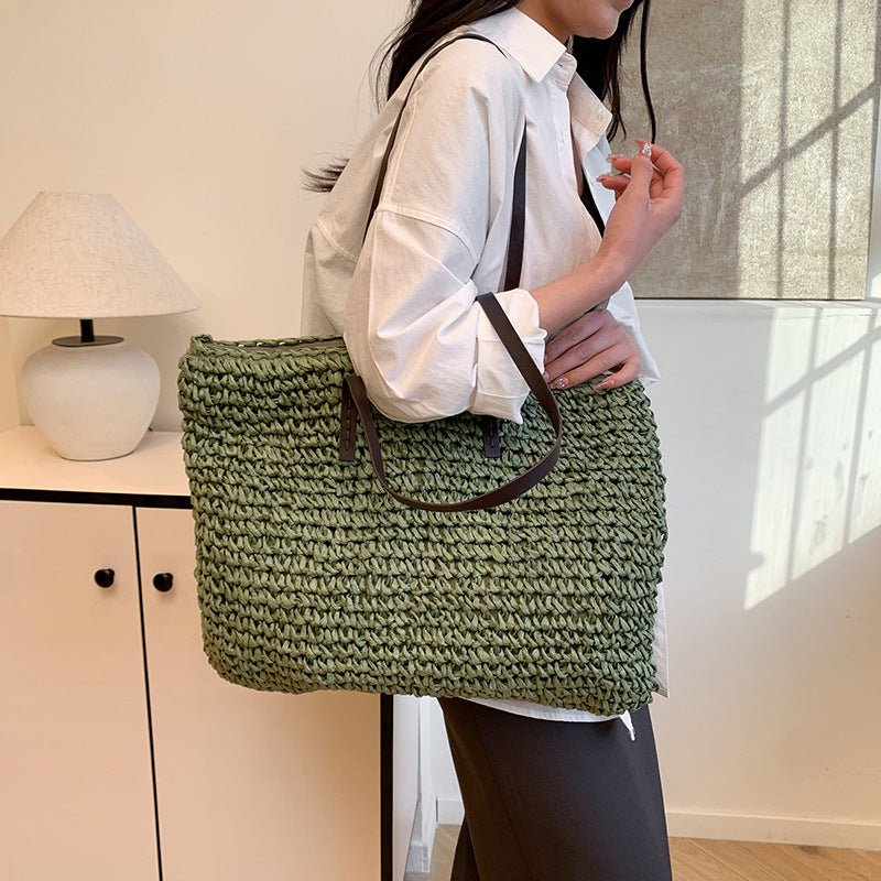 Simple large - capacity woven tote bag - zoraflux