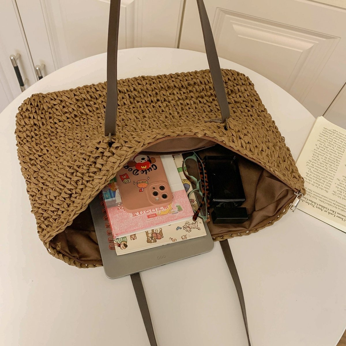 Simple large - capacity woven tote bag - zoraflux