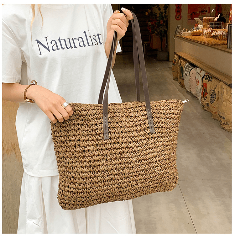 Simple large - capacity woven tote bag - zoraflux