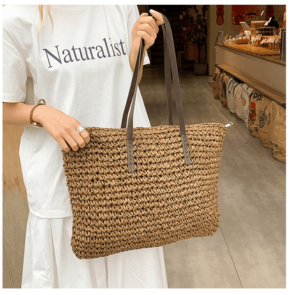 Simple large - capacity woven tote bag - zoraflux