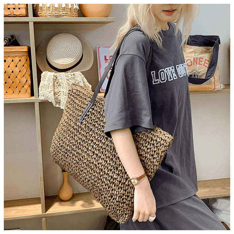 Simple large - capacity woven tote bag - zoraflux
