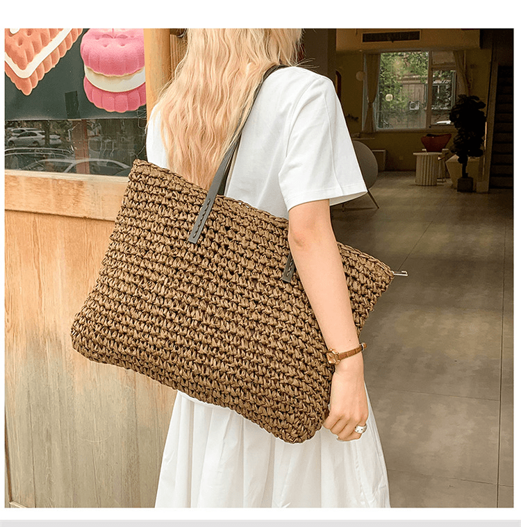 Simple large - capacity woven tote bag - zoraflux