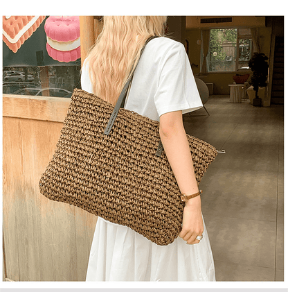 Simple large - capacity woven tote bag - zoraflux