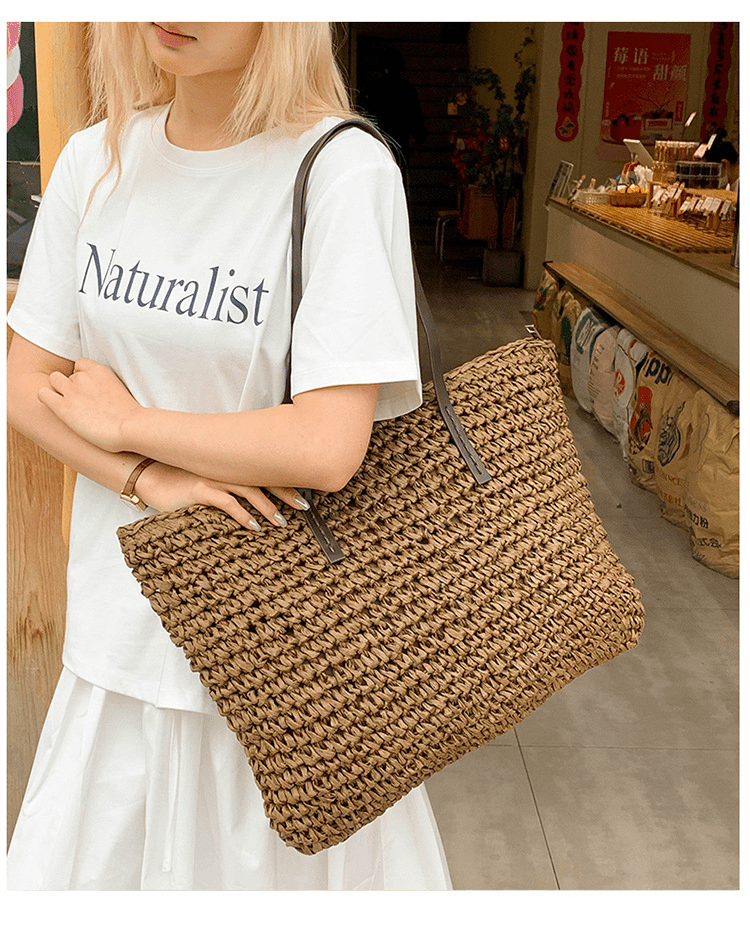 Simple large - capacity woven tote bag - zoraflux