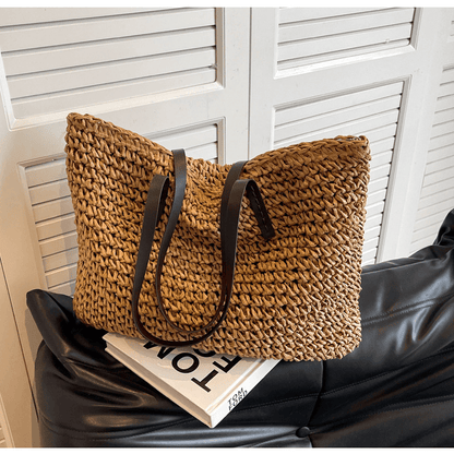 Simple large - capacity woven tote bag - zoraflux