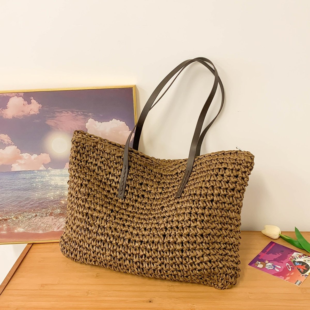 Simple large - capacity woven tote bag - zoraflux
