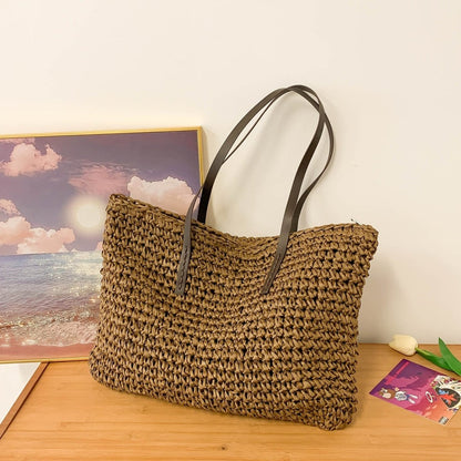 Simple large - capacity woven tote bag - zoraflux