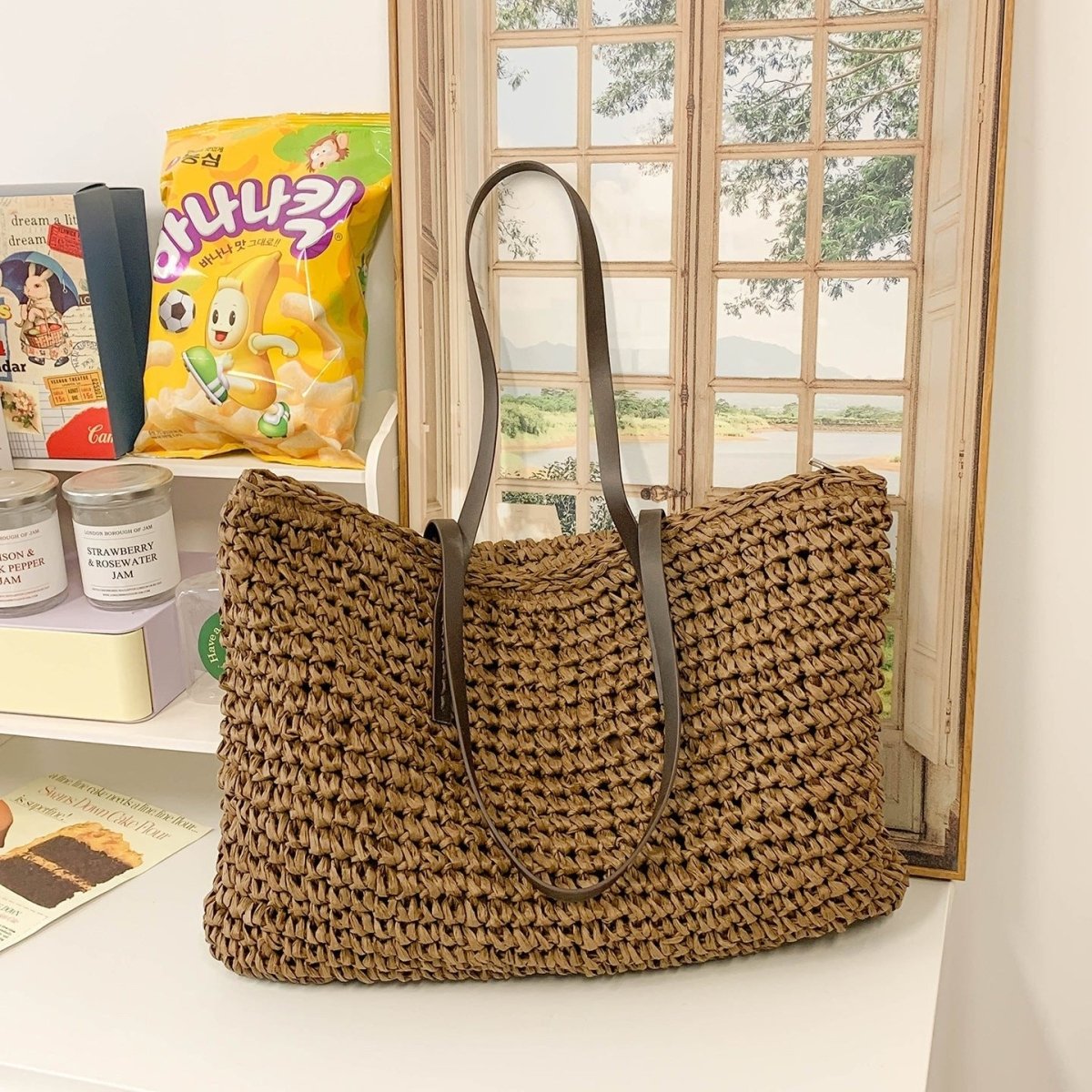 Simple large - capacity woven tote bag - zoraflux