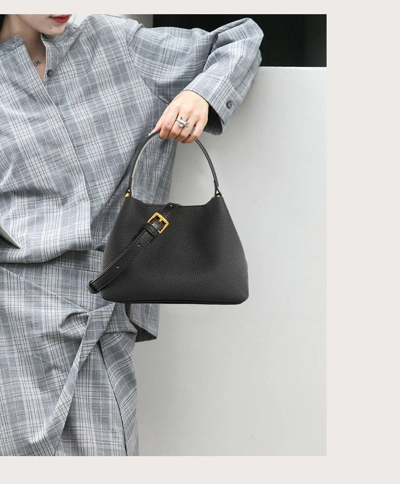 Soft cowhide magnetic buckle hand - held bucket bag - zoraflux