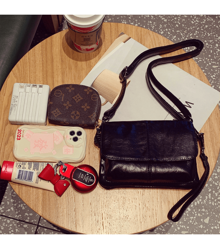 Solid - color retro cowhide grain crossbody bag - zoraflux