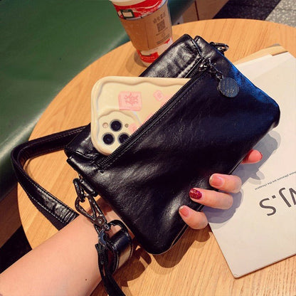 Solid - color retro cowhide grain crossbody bag - zoraflux