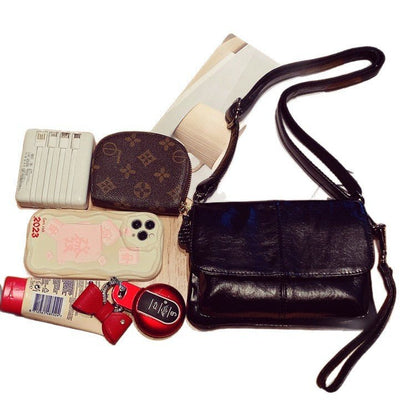 Solid - color retro cowhide grain crossbody bag - zoraflux