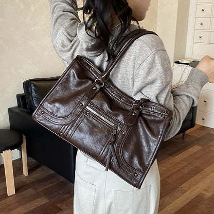 Vintage Rivet PU Leather Tote Bag Large Capacity Shoulder Crossbody Handbag for Women - zoraflux