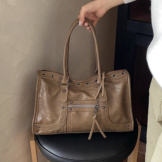 Vintage Rivet PU Leather Tote Bag Large Capacity Shoulder Crossbody Handbag for Women - zoraflux