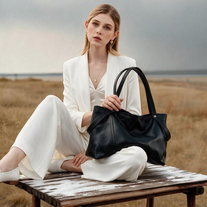 Women Soft Top‑Grain Cowhide Leather Tote Bag, Zipper Closure Large Single‑Shoulder Handbag - zoraflux