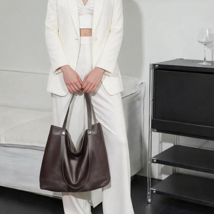 Women Soft Top‑Grain Cowhide Leather Tote Bag, Zipper Closure Large Single‑Shoulder Handbag - zoraflux