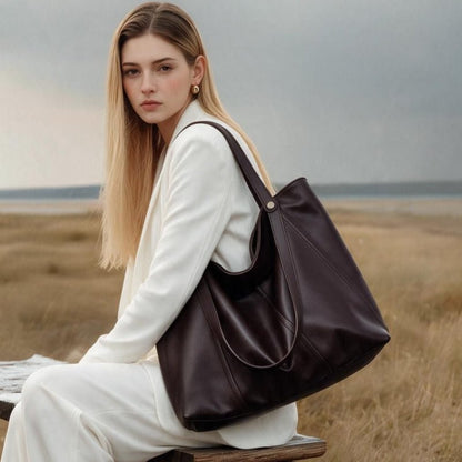 Women Soft Top‑Grain Cowhide Leather Tote Bag, Zipper Closure Large Single‑Shoulder Handbag - zoraflux