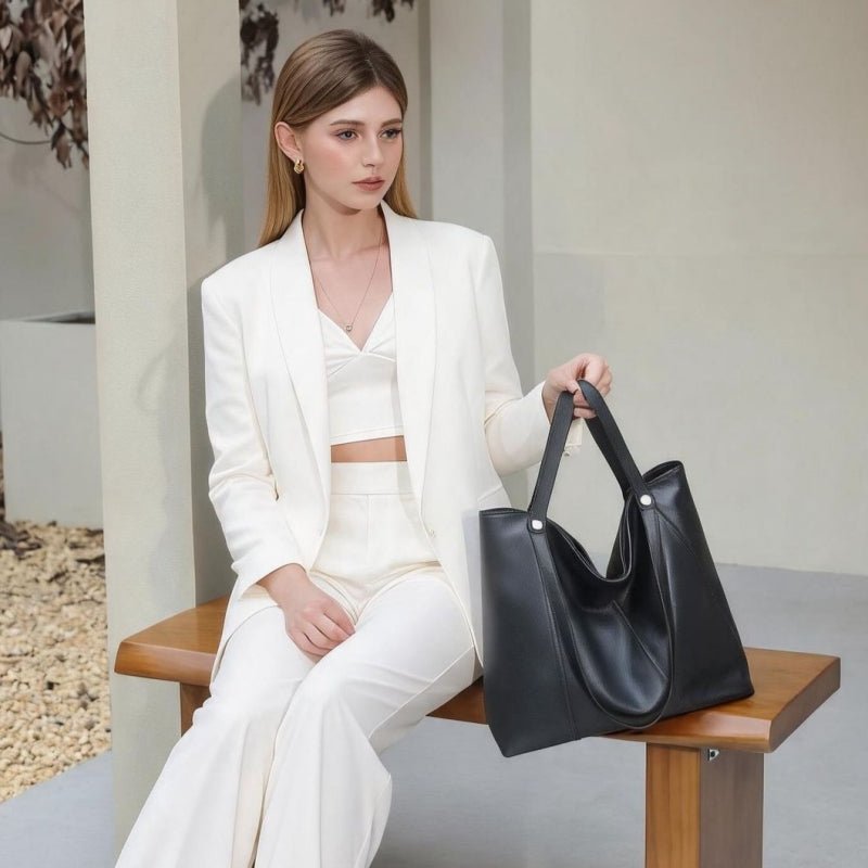Women Soft Top‑Grain Cowhide Leather Tote Bag, Zipper Closure Large Single‑Shoulder Handbag - zoraflux