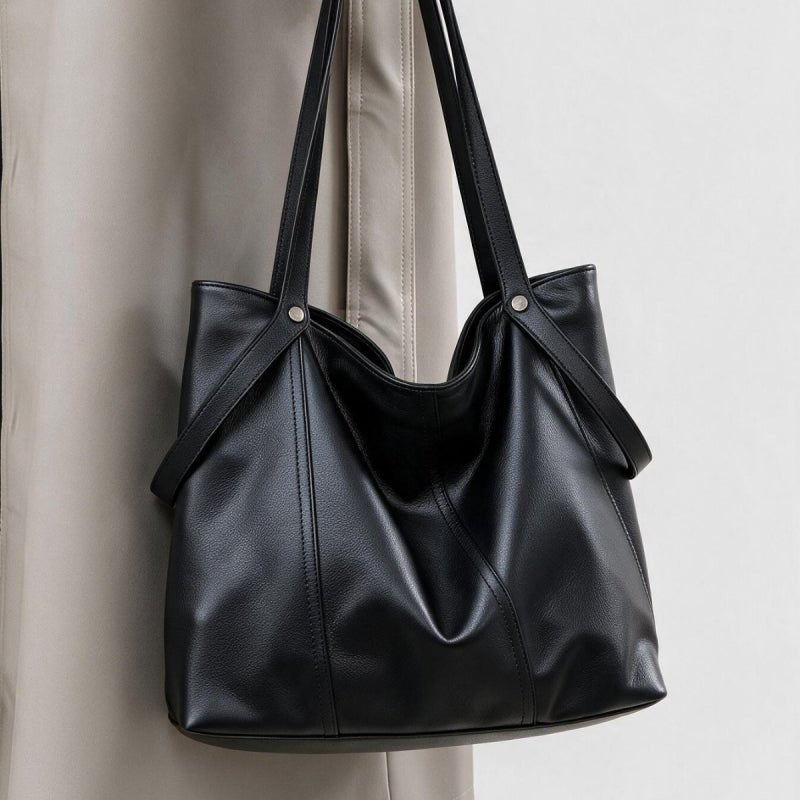 Women Soft Top‑Grain Cowhide Leather Tote Bag, Zipper Closure Large Single‑Shoulder Handbag - zoraflux