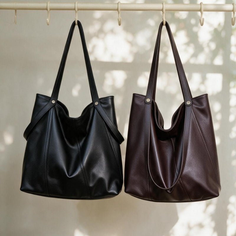 Women Soft Top‑Grain Cowhide Leather Tote Bag, Zipper Closure Large Single‑Shoulder Handbag - zoraflux
